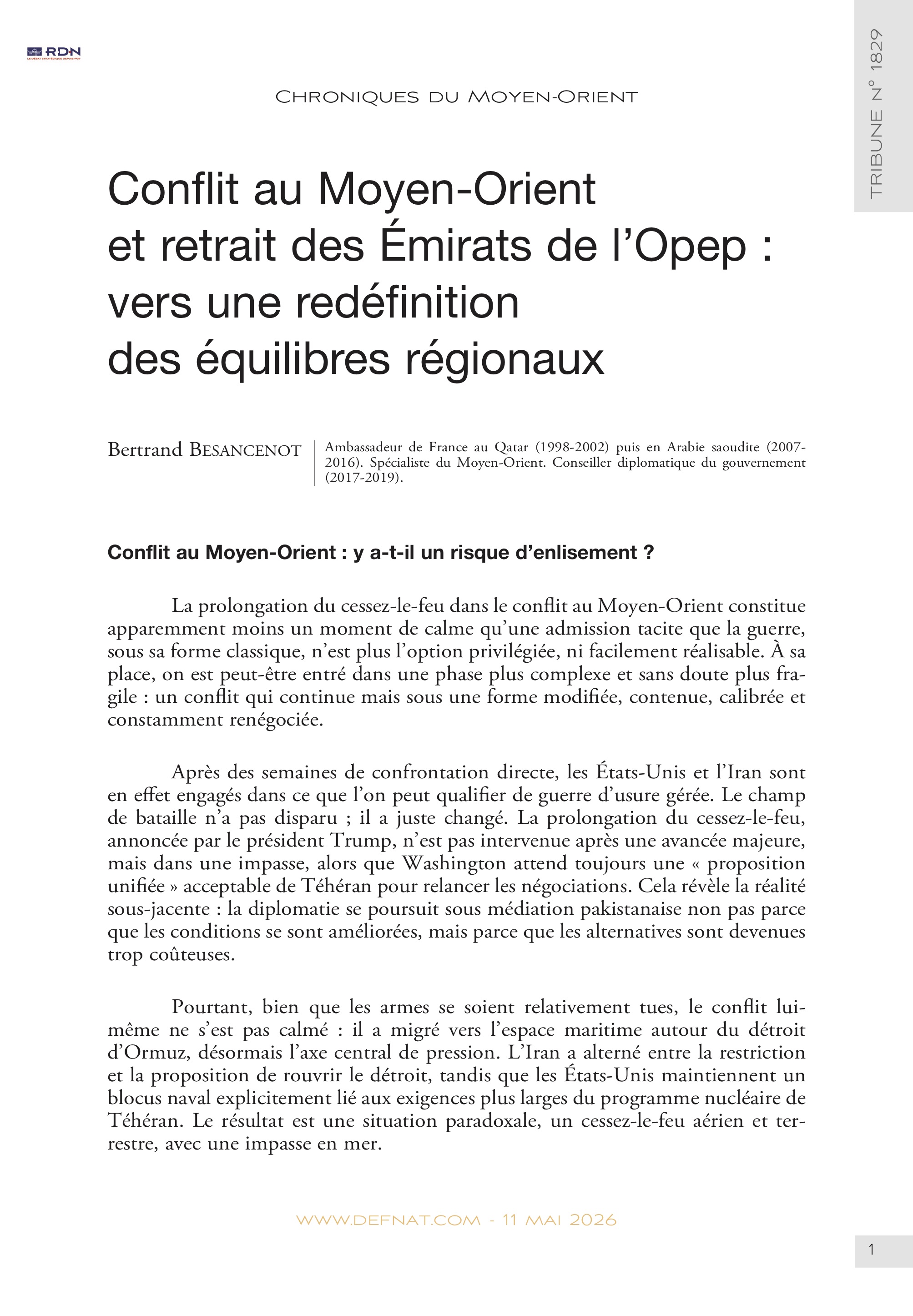 Chroniques du&nbsp;Moyen-Orient &ndash;&nbsp;Conflit au&nbsp;Moyen-Orient et&nbsp;retrait des&nbsp;&Eacute;mirats de&nbsp;l&rsquo;Opep&nbsp;: vers une&nbsp;red&eacute;finition des&nbsp;&eacute;quilibres&nbsp;r&eacute;gionaux (T&nbsp;1829)
